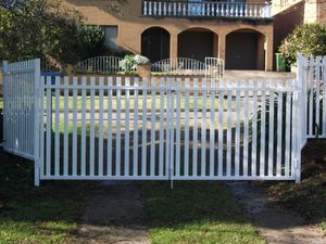 White aluminium vertical picket double gate and fence